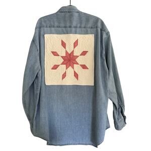 Womens 3XL Tall Gap Denim Shirt Pink Starburst Quilt Block Applique Cottage Core
